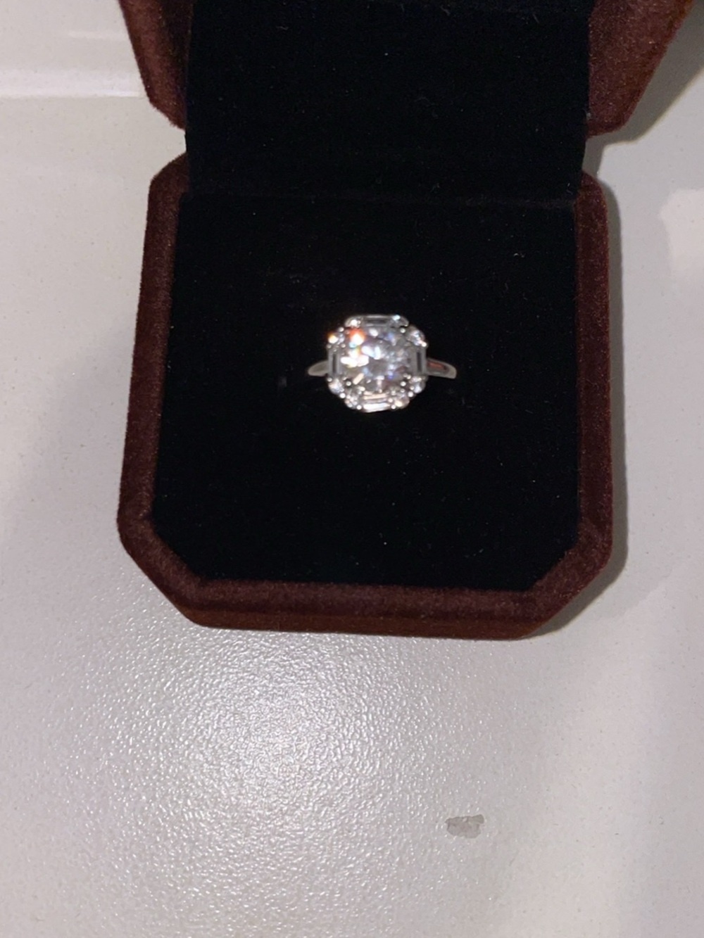 PT950 stamped Classic Solitaire Halo Ring with clear cubic zirconia diamond